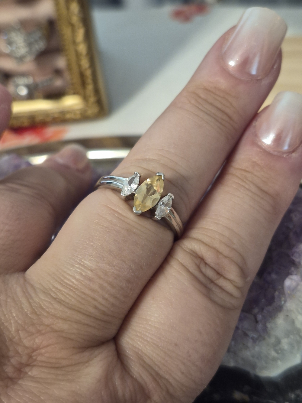 Sterling Silver Yellow Marquise Gemstone Trilogy Ring